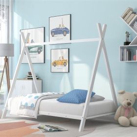 House Bed Tent Bed Frame Double Size Metal Floor Play House Bed With Slats For Kids Boys Girls Without Spring Mattress White