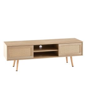 55.12 Inches Rattan TV Cabinet With Double Sliding Doors For Storage, Adjustable Shelves, Solid Wood Legs, Living Room TV Cabinet, Natural Color