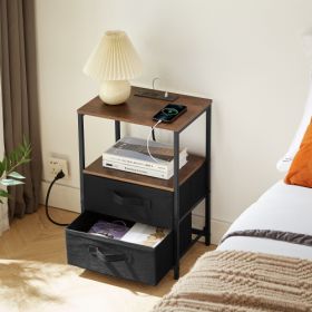 End Table With Charging Station, Nightstand With USB Port, Outlet And Fabric Bag, 2 Drawers Open Storage Shelf Side Table, Sofa Cabinet For Living Roo