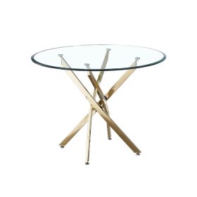 Modern Round Transparent Tempered Glass Dining Table With Stainless Steel Legs With Gold Finish