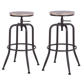 Set of Two Natural And Black Solid Wood And Steel Swivel Backless Counter Height Bar Chairs