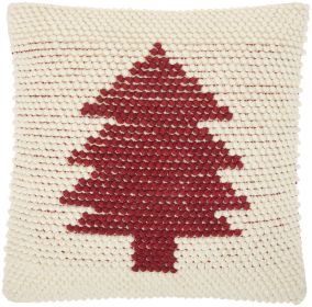 20" X 20" Ivory And Red Zippered Handmade Polyester Christmas Tree Throw Pillow