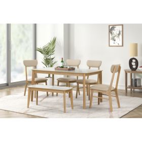 Set Of 6 Dining Table, One Table, One Bench And Four Chairs, With A Light Oak High-gloss White Top