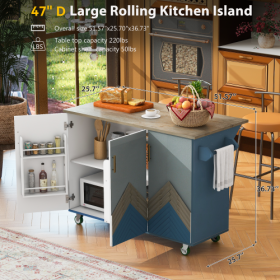 Retro Mountain Wood 47D Kitchen Island With Drop Leaf, Accent Cabinet With Internal Storage Rack, Farmhouse Rolling Kitchen Cart On Wheels For Living