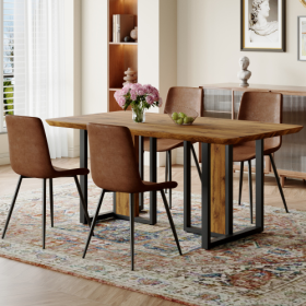 Table And Chair Set.67x36 Wood-Textured MDF Dining Table Set With 4 Brown Suede Chairs.MDF Sticker,Wood Colored Texture Sticker,Brown Armless Dining C