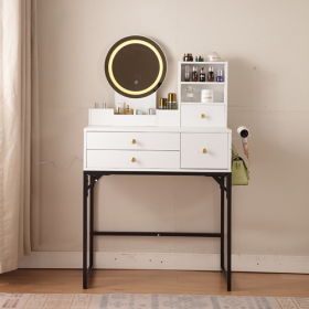 Vanity Desk With Lighted Mirror & Power Outlet, Makeup Vanity Desk With Drawers And Cabinet, Sturdy Iron Bracket, Make Up Vanity Table For Bedroom, Wh