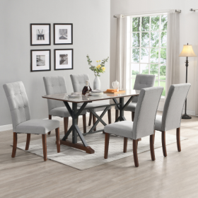 Modern Dining Table For 6-8, 7 Piece Kitchen Dining Table Set, Gray Sintered Stone Dining Table With 6 Tufted Upholstered Chairs, 63-inch Rectangle Di