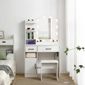 3 Color Lighting Modes With Adjustable Brightness, Dresser With 2 Drawers, Locker And Upholstered Stool, White