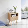 15.75" Rattan End table with drawer and solid wood legs; Modern nightstand; side table for living roon; bedroom; natural