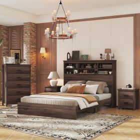 4-Pieces Bedroom Sets Queen Size Vintage Wooden Bed Frame with 2 Nightstands and 1 Dresser,Dark Walnut