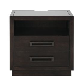 Modern Bedroom Furniture 1pc Nightstand of 2x Drawers LED Light Storage Cubby USB Ports Power Outlets Charcoal Finish Glass Insert Top Stylish Bed-Sid