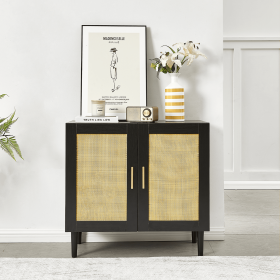 Side panel buffet cabinet with natural rattan door, rattan storage cabinet with adjustable shelves, side panel and buffet with storage space