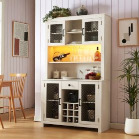 Farmhouse Coffee Bar Cabinet with LED Lights and Outlets with Wine Bottle Rack, 70" Rustic Buffet Cabinet with Wine Bottle and Wine Glass Rack