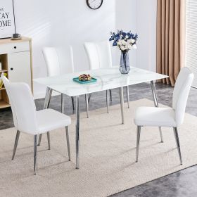 Table and chair set. 1 table with 4 white PU chairs. Modern minimalist rectangular white imitation marble dining table, 0.3 inches thick