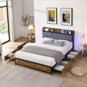 Queen Size Bed Frame, Storage Headboard with Charging Station and 4 Storage Drawers,LED Lights , Brown and Gray