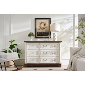 Farmhouse Style 6 Drawer Dresser Chest With Base Wooden Rustic Chest Of Drawers, Storage Dresser Organizer For Bedroom, Living Room, Beautiful Sturdy