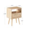 15.75" Rattan End table with drawer and solid wood legs; Modern nightstand; side table for living roon; bedroom; natural