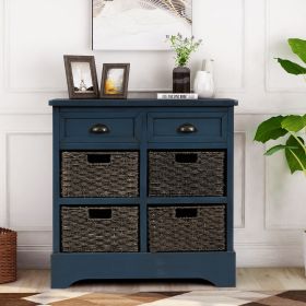 Country-style Storage Cabinet With Two Drawers And Four Classic Rattan Baskets For Dining Room, Entrance, Living Room - Antique Navy Blue