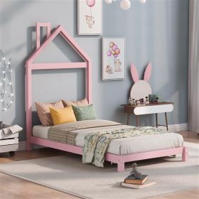 Double Wooden Platform Bed With House-shaped Headboard - Pink