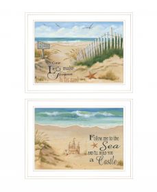 Set Of Two Sand Castle and Footprints 2 White Framed Print Wall Art