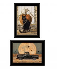 Set Of Two Harvest Moon with A Black Cat and Truck 2 Black Framed Print Kitchen Wall Art