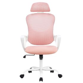 High Back Mesh Rolling Work Chair With Wheels And Adjustable Headrests (Option: Fixed handrail Pink)