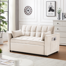 Modern Velvet Loveseat Futon Sofa Couch W Pullout Bed,Small Love Seat Lounge Sofa W Reclining Backrest,Toss Pillows, Pockets,Furniture For Living Room (Color: White)