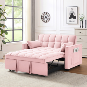 Modern Velvet Loveseat Futon Sofa Couch W Pullout Bed,Small Love Seat Lounge Sofa W Reclining Backrest,Toss Pillows, Pockets,Furniture For Living Room (Color: Pink)