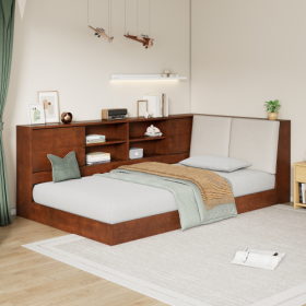 Wooden Twin Size L-shaped Daybed Floor Corner Bed With Storage Bookcase And Upholstered Headboard And USB Charging Ports For Limited Space (Option: Walnut)