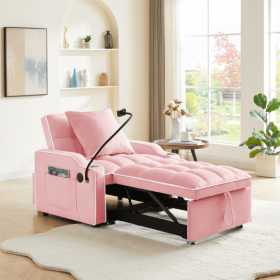 3-in-1 Sofa Bed, Convertible Sleeper Chair Sofa Bed Adjustable Pull Out Sleeper Chair Bed Multi-Pockets Folding Sofa Bed For Living Room Bedroom Small (Color: Pink)