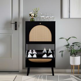 FCH 2 Tipper With Tall Round Rattan Shoe Cabinet (Color: Black)