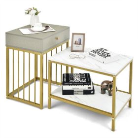 Living Room Bedroom 2PCS 2-Tier Nesting Coffee Sofa Side End Tables (Type: Coffe table, Color: White+Gold)