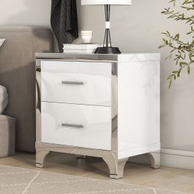 Elegant High Gloss Nightstand with Metal Handle,Mirrored Bedside Table with 2 Drawers for Bedroom,Living Room (Material: MDF, Color: White)