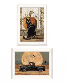 Set Of Two Harvest Moon with A Black Cat and Truck Print Kitchen Wall Art (Framed: White, Style: 1)