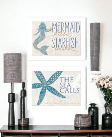 Set Of Two Mermaid Kisses Starfish Wishes Print Wall Art (Framed: White, Style: 1)