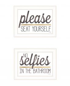 Set Of Two No Selfies When Seated Print Bathroom Wall Art (Framed: White, Style: 1)